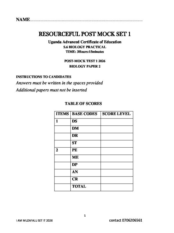 RESOURCEFUL POST MOCK S.6 BIOLOGY P2 PRACTICAL 2026