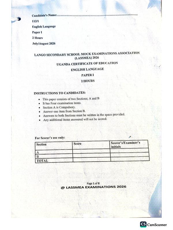 UCE Senior 4 English Language Mock Examination Paper - Lango Secondary School Mock Examination Association
