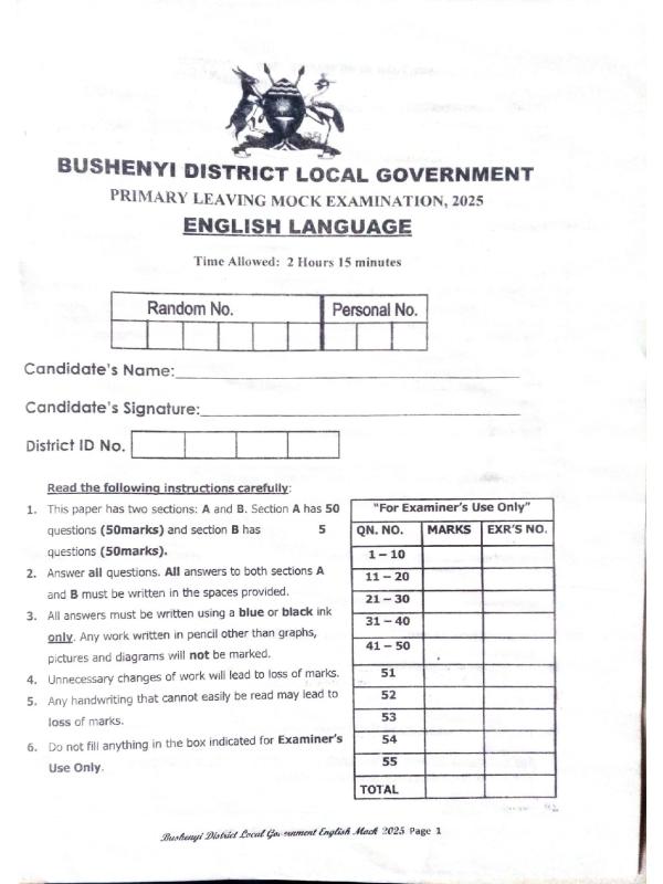 Bushenyi District Local Government Primary Leaving Mock Examination 2025 - English Language