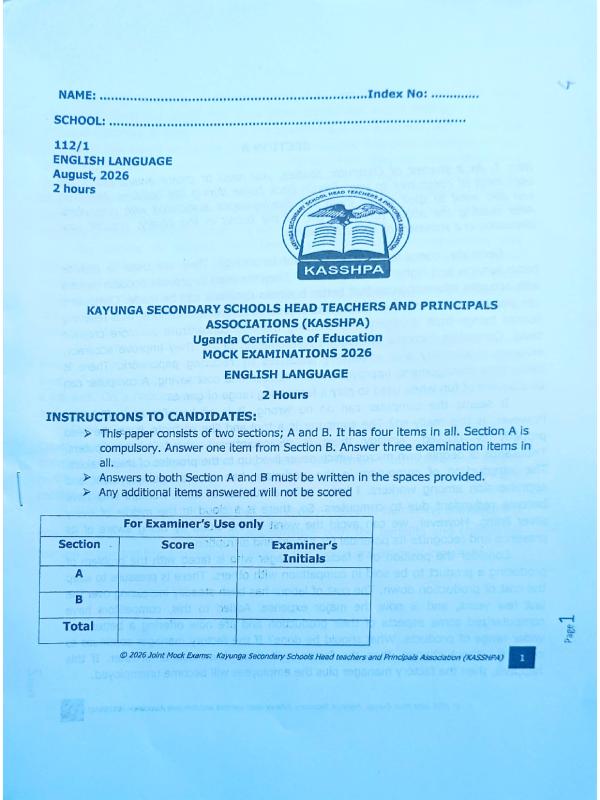 Kayunga District S.4 English Language Mock Examinations 2026