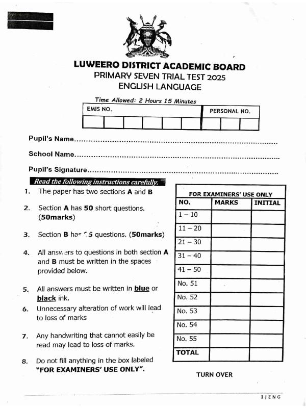 Luweero District Primary Seven (P.7) English Mock Examinations 2026