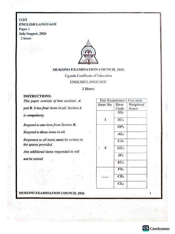 UCE Mukono English Mock Examinations 2026 (S4)