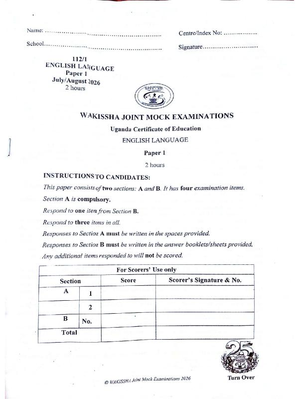 UCE Wakissha English Paper One 2026