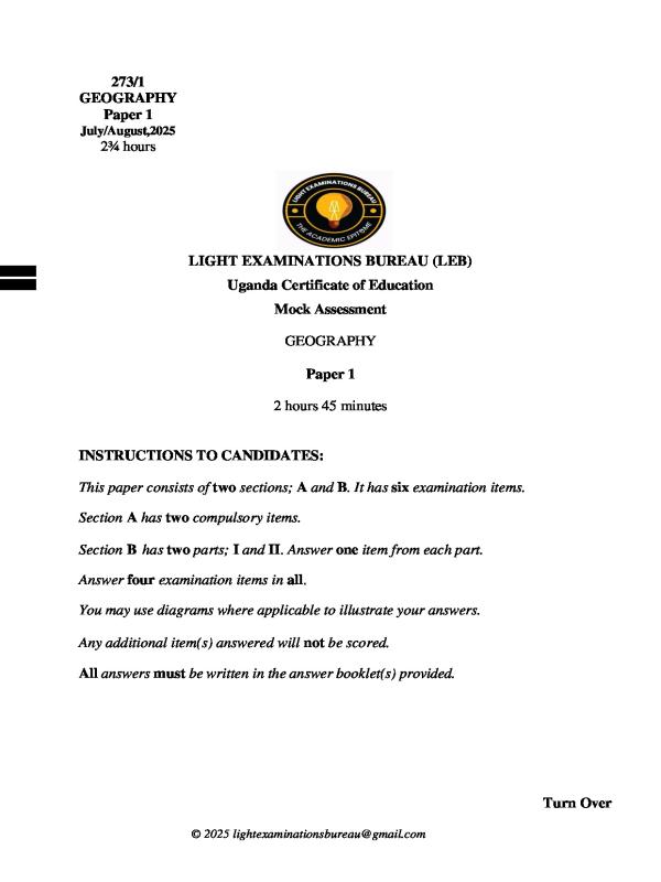 Uganda Certificate of Education (UCE) Geography Paper 1 Mock Assessment - Light Examination Bureau