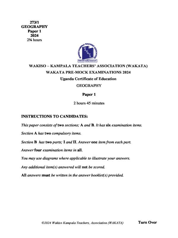 WAKATA Pre-Mock UCE Geography Past Paper one - 2024