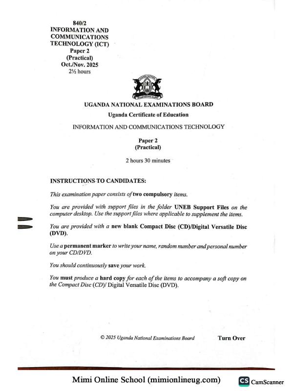 UNEB ICT Paper 2 Past Paper - Senior Secondary (S4)