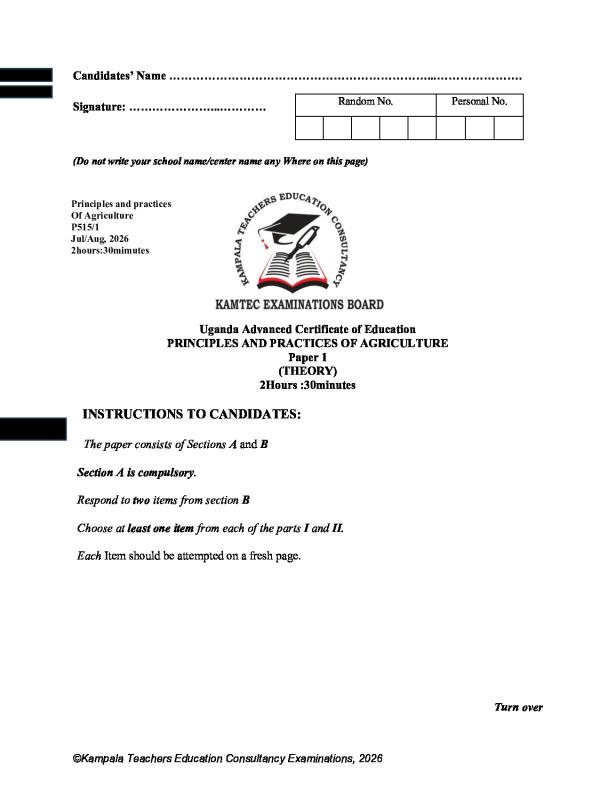 KAMTEC UACE Agriculture Paper 1 2026