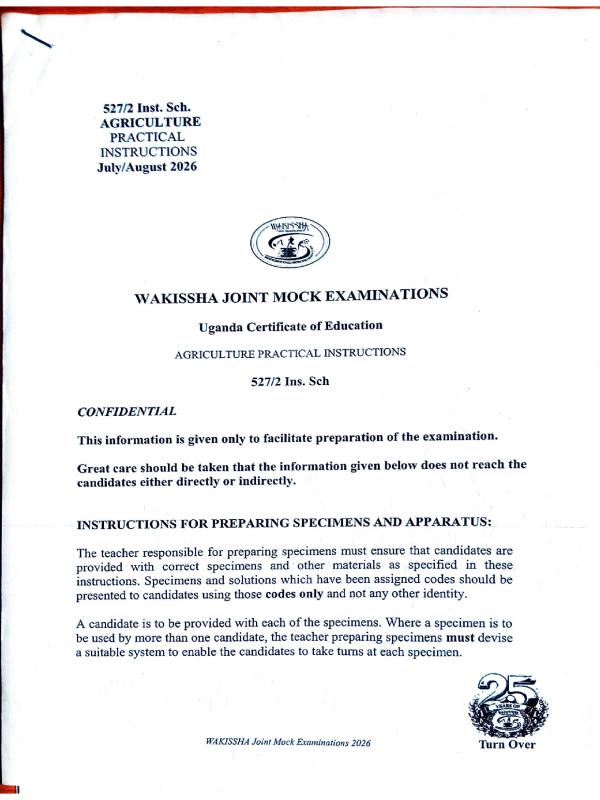 WAKISHA Joint Mock Agriculture Paper 2 Practical Confidential Instructions 2026