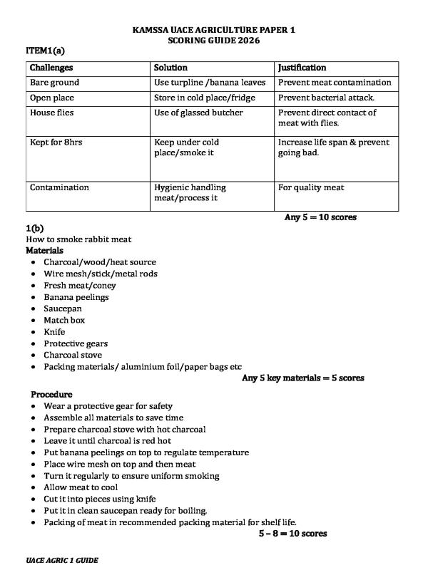 KAMSSA UACE Agriculture Paper 1 Scoring Guide 2026