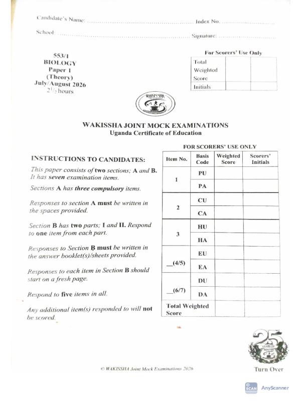 UCE Biology Paper 1 Wakisha Joint Mock Examination 2026