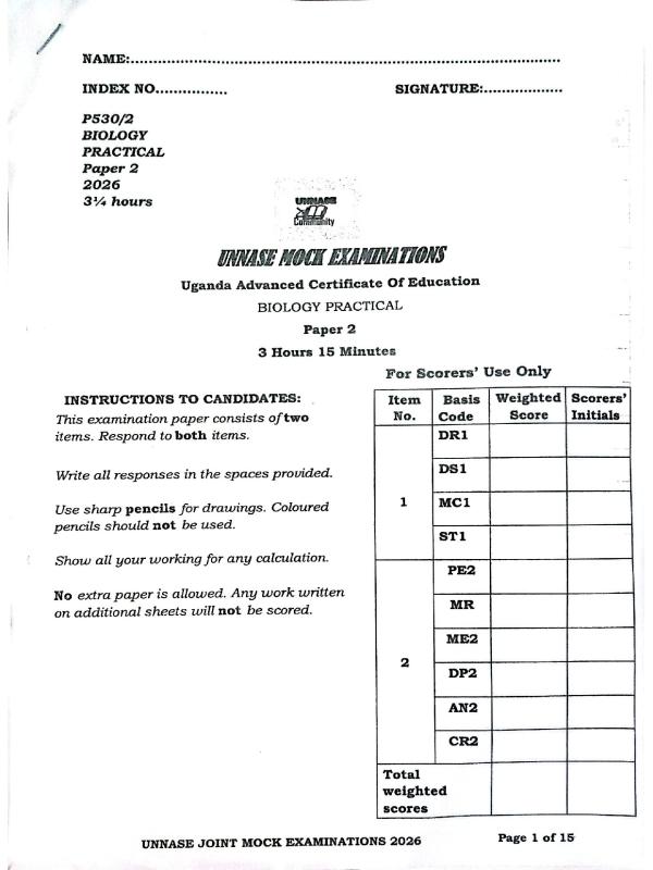 UNNASE Biology Paper 2 Examination 2026