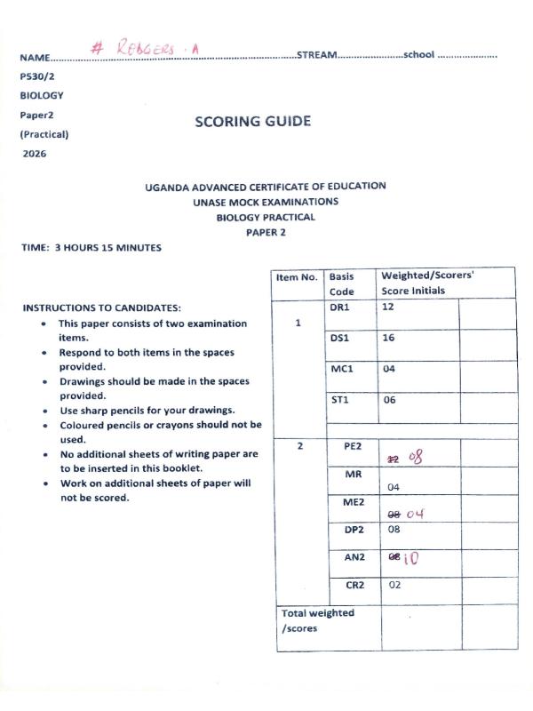 UNNASE UACE Biology Paper 2 Scoring Guide 2026