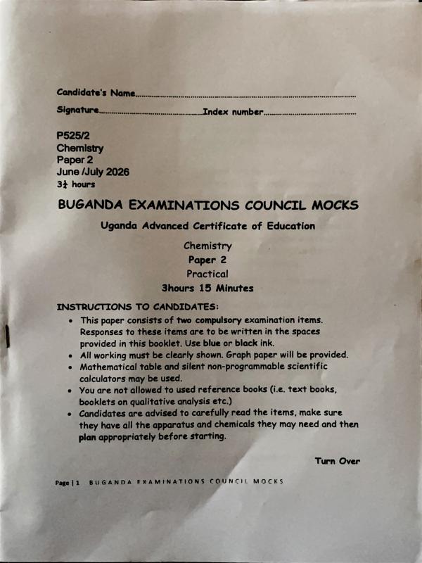 Buganda Examinations Council UACE Chemistry Paper 2 Mock Examination