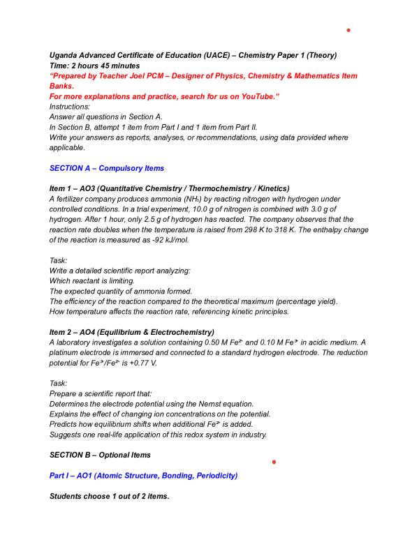 UNEB UACE Chemistry Paper 1 Revision Resource