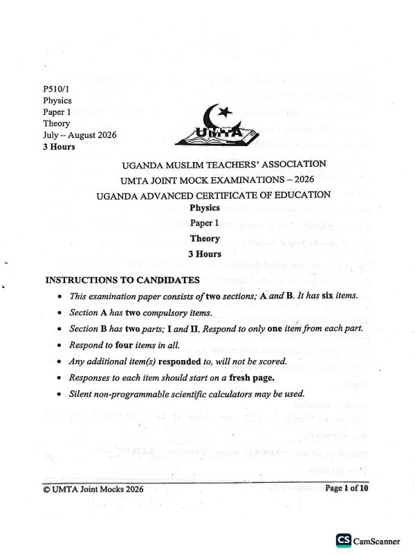 UACE Physics Paper 1 Uganda Muslims Teachers' Association (UMTA) Mock Examination 2026