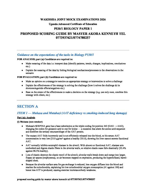 WAKISSHA Joint Mock Biology Score Guide 2026