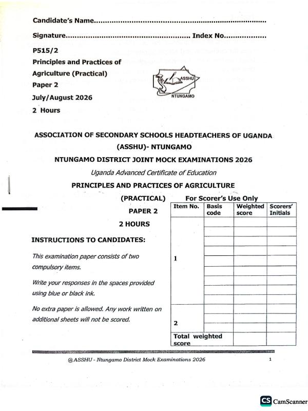 ASSHU Ntungamo Principles and Practices of Agriculture Paper 2 Mock Examination 2026