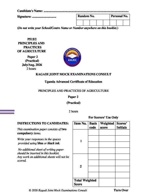 Kagadi UACE Principles and Practices of Agriculture Mock Examination 2026