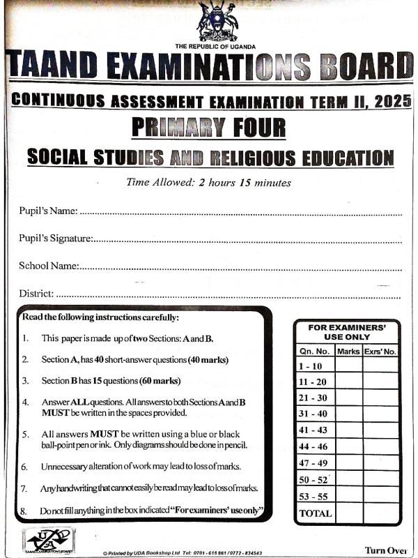P.4 Social Studies End of Term II Examination 2025  TAAND Examination Board