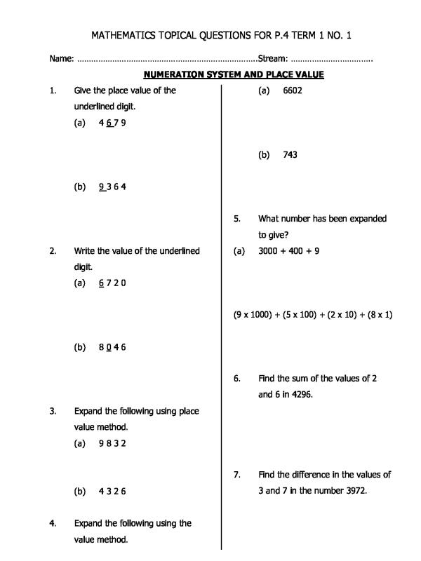 P.4 Mathematics Topical Questions   Kampala Junior School