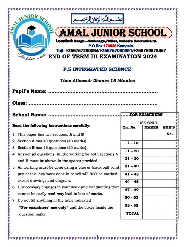 Primary Five Science End of Term 3 Examination Paper 2026