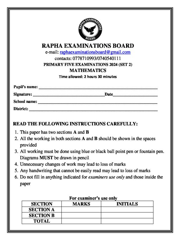 P.5 Mathematics Examination Set 2 - 2024 (Rapha Examination Board)
