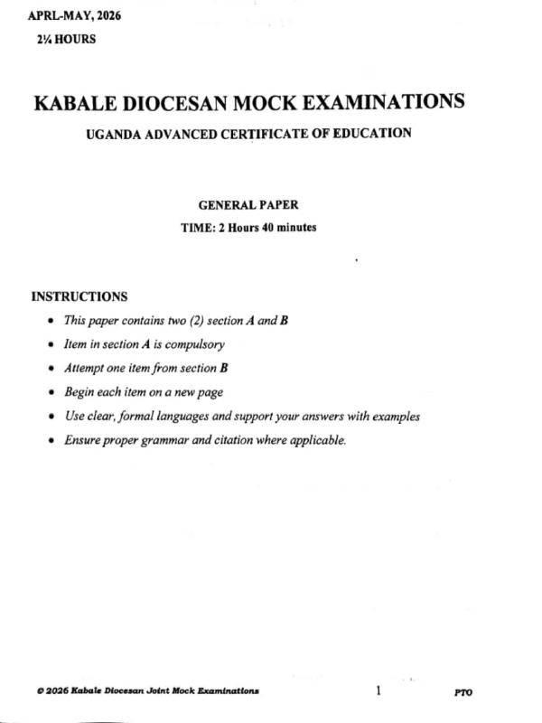 UACE General Paper Kabale Diocesan Mock Examinations 2026