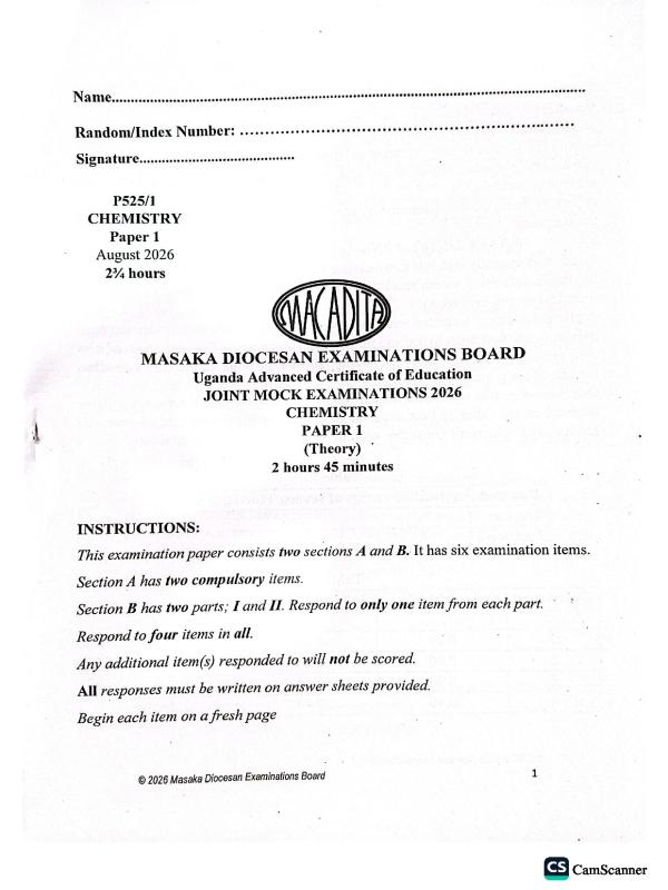 Chemistry Paper 1 Mock Examination 2026  Masaka Diocesan Examination Board