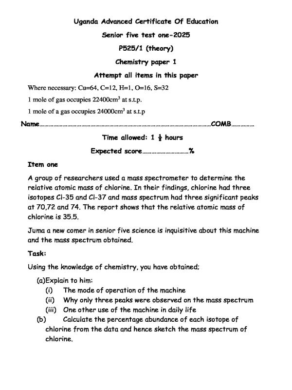 S.5 Chemistry Paper 1 Assessment 2025   A-Level Revision