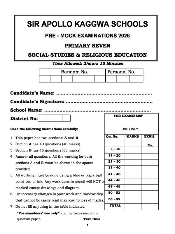 Sir Apollo Kaggwa Schools P.7 Social Studies Pre-Mock Exam 2026