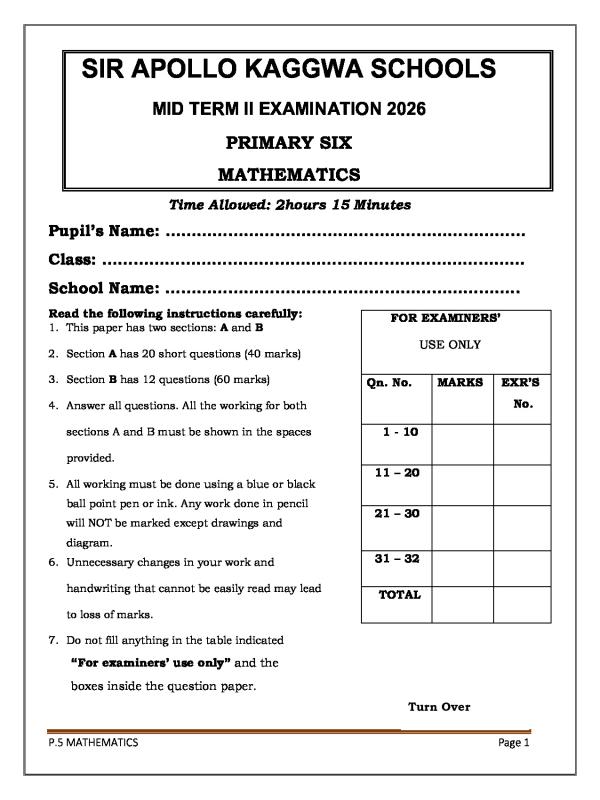 P.6 Mathematics Mid-Term II Examination 2026 - Sir Apollo Kaggwa Schools
