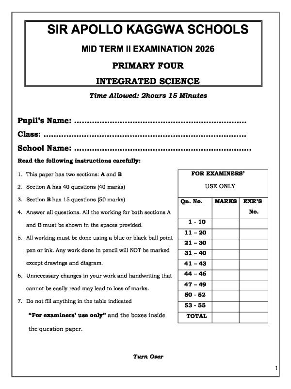 P.4 Science Mid Term II Examination 2026  Sir Apollo Kaggwa Schools