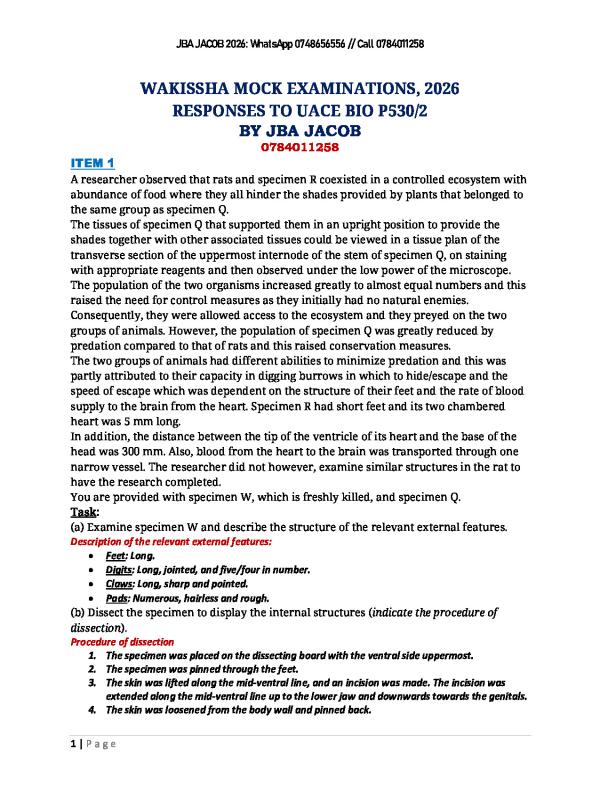 UACE WAKISSHA Biology Paper 2 2026 Examination Responses