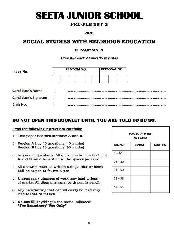 P.7 Social Studies Pre-PLE examination set 3 SEETA Junior school