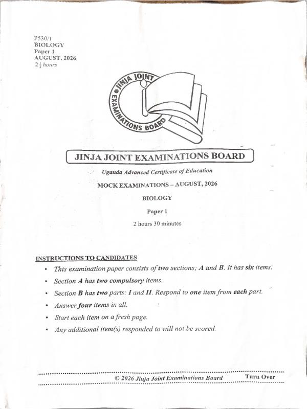 S6 Biology Mock Paper 1 - UNEB 2026 (Speculative)