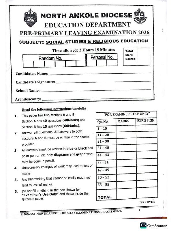 P.7 Social Studies Pre PLE Examination 2026   North Ankole Diocese