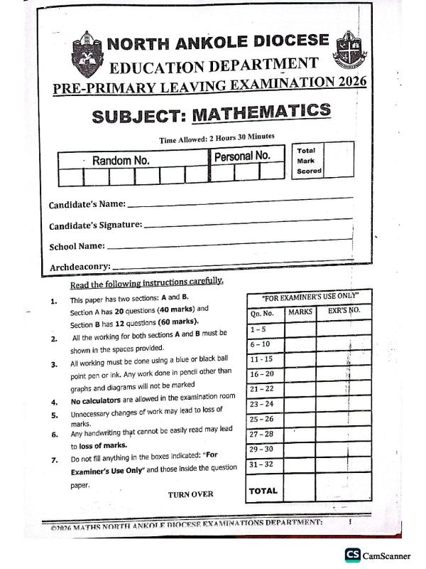 P.7 Mathematics Pre PLE Examination 2026 North Ankole Diocese
