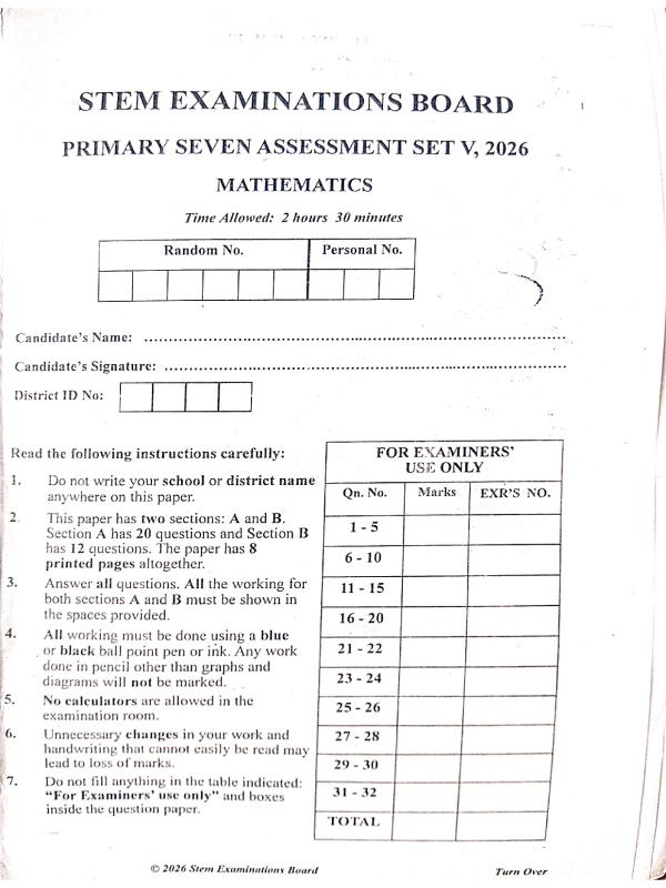 P.7 Mathematics assessment set 5 term II 2026 Stem examination board