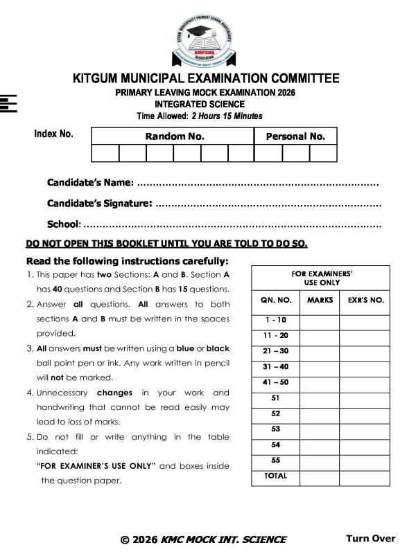 P.7 Integrated Science Mock Examination 2026 Kitgum Examination Committee