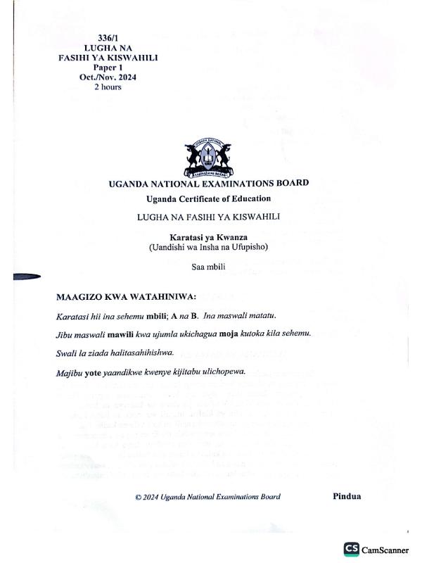 2024 UCE Kiswahili Paper 1 (P1) Past Paper for S4 Students